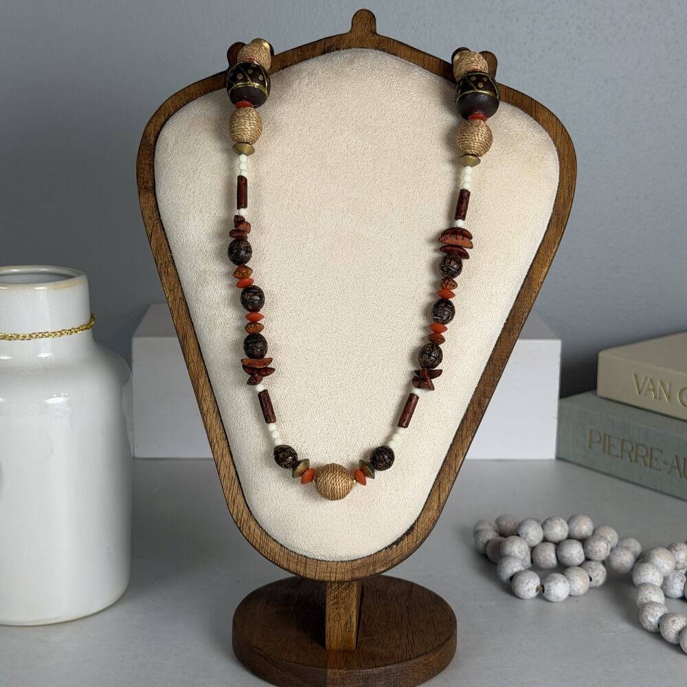 Nature-Inspired Vintage 1980s Boho Earth-Tones Multi-Shape Beaded 34" Necklace
